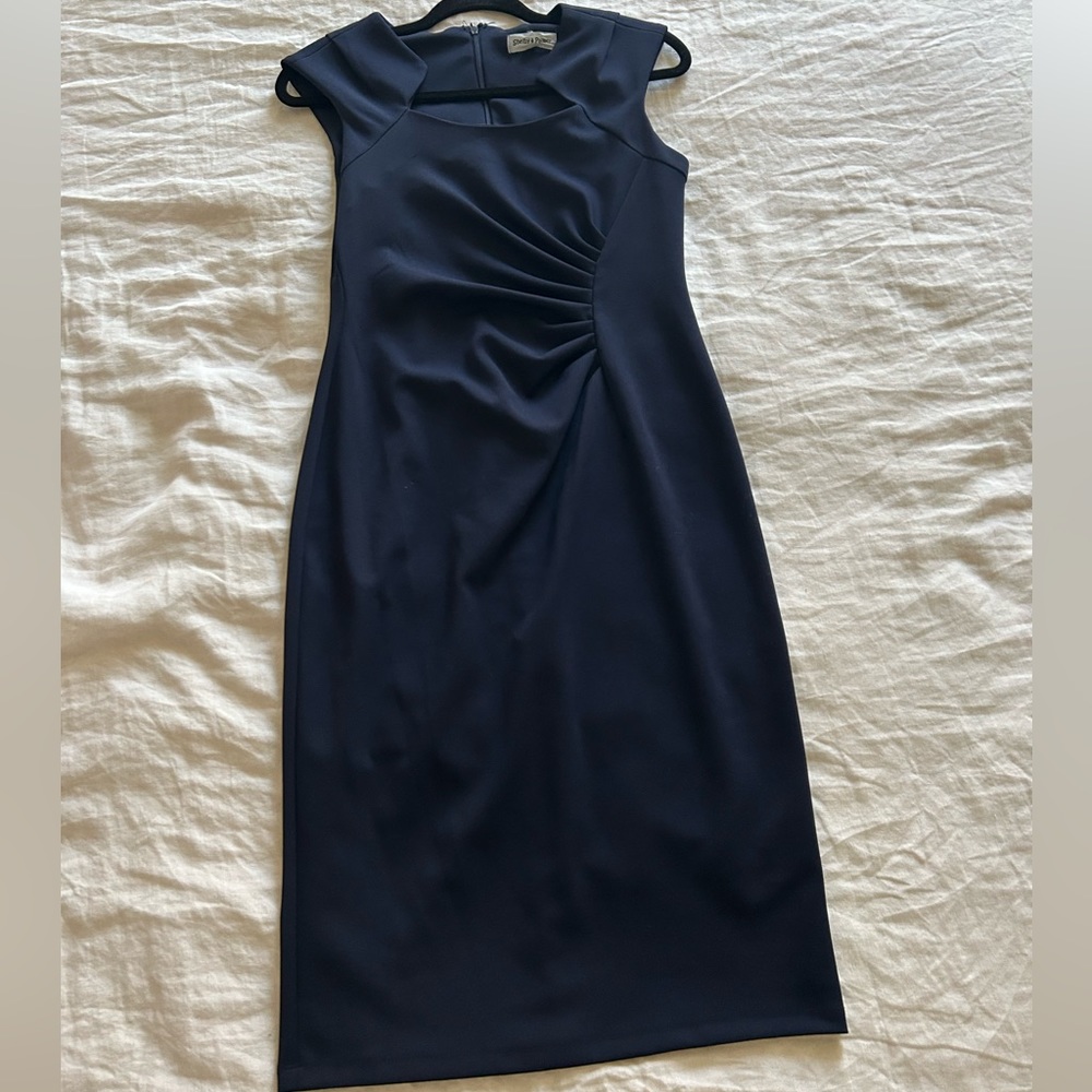 Navy Midi Dress with Ruched Front Size 6